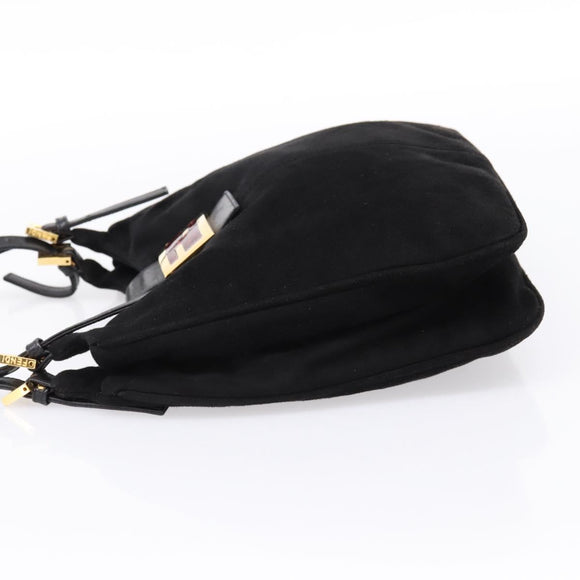 FENDI Mamma Baguette Tote Bag Suede Black Gold Tone Auth 198883A