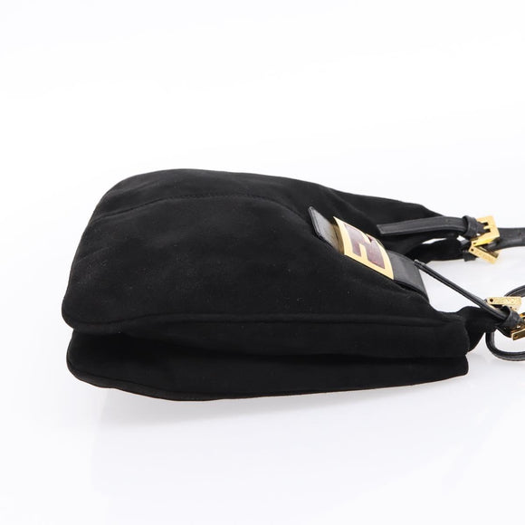 FENDI Mamma Baguette Tote Bag Suede Black Gold Tone Auth 198883A