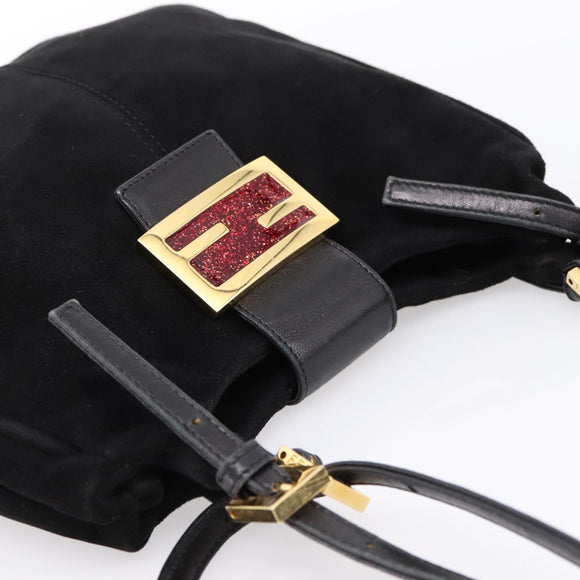 FENDI Mamma Baguette Tote Bag Suede Black Gold Tone Auth 198883A