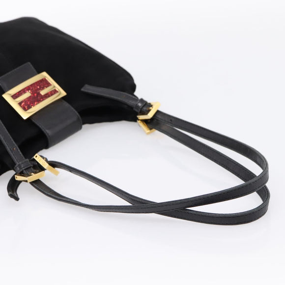 FENDI Mamma Baguette Tote Bag Suede Black Gold Tone Auth 198883A