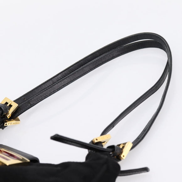 FENDI Mamma Baguette Tote Bag Suede Black Gold Tone Auth 198883A