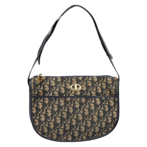 Christian Dior Trotter Canvas Shoulder Bag Navy Gold Tone Auth 198886