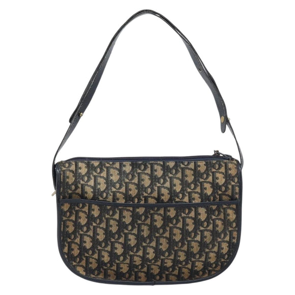 Christian Dior Trotter Canvas Shoulder Bag Navy Gold Tone Auth 198886