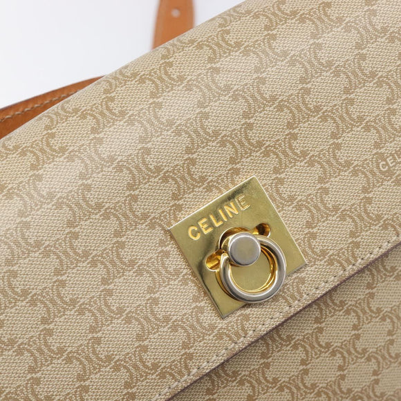 CELINE Macadam Shoulder Bag PVC Leather Beige Gold Tone Auth 198924