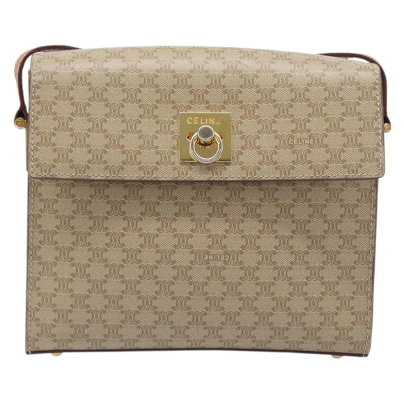 CELINE Macadam Shoulder Bag PVC Leather Beige Gold Tone Auth 198924