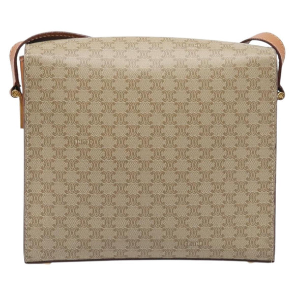 CELINE Macadam Shoulder Bag PVC Leather Beige Gold Tone Auth 198924