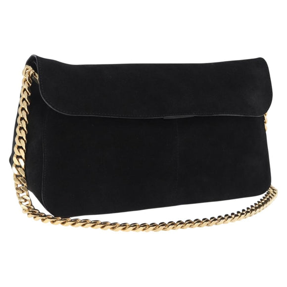 CELINE Chain Shoulder Bag Suede Black Gold Tone Auth 198925A