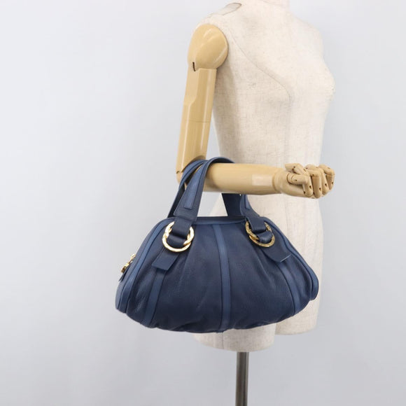 BVLGARI Chandra Hand Bag Leather Blue Gold Tone Auth 198928A