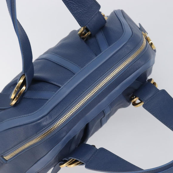 BVLGARI Chandra Hand Bag Leather Blue Gold Tone Auth 198928A
