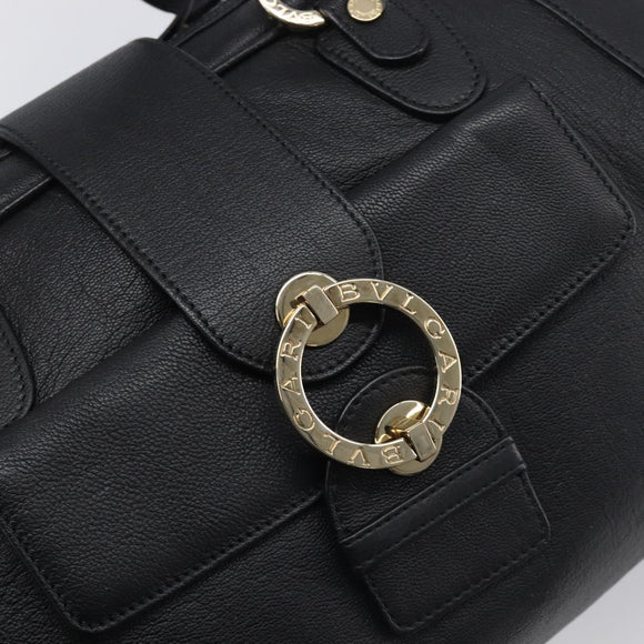 BVLGARI Hand Bag Leather Black Gold Tone Auth 198930A