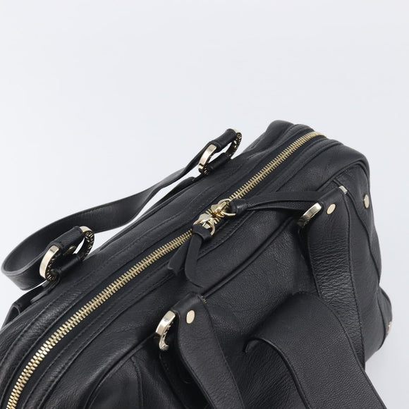 BVLGARI Hand Bag Leather Black Gold Tone Auth 198930A