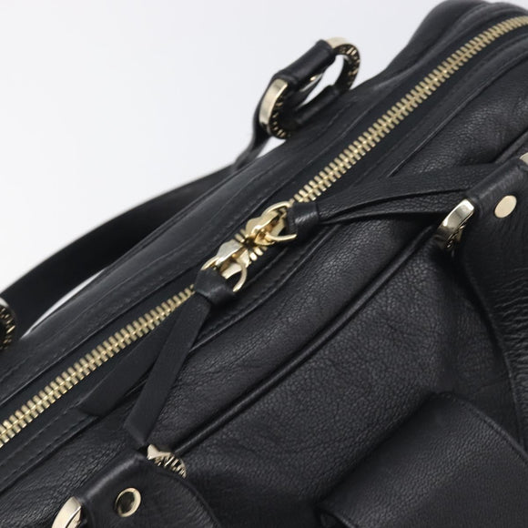 BVLGARI Hand Bag Leather Black Gold Tone Auth 198930A