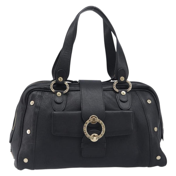 BVLGARI Hand Bag Leather Black Gold Tone Auth 198930A