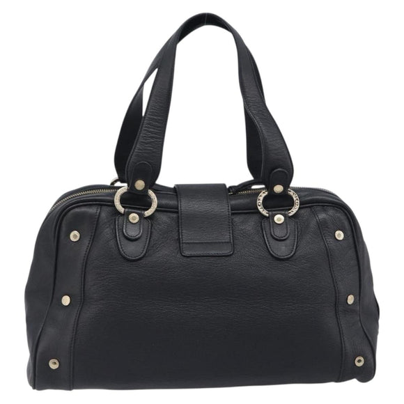 BVLGARI Hand Bag Leather Black Gold Tone Auth 198930A