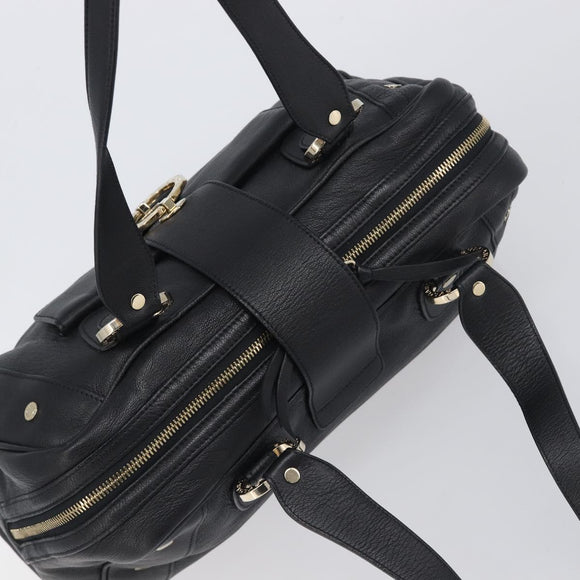 BVLGARI Hand Bag Leather Black Gold Tone Auth 198930A