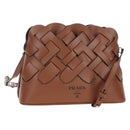 PRADA Vitello Intrecciato Shoulder Bag Leather Brown Silver Auth 198942M-1