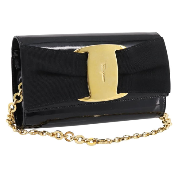 Salvatore Ferragamo Vala Chain Shoulder Bag Patent Black Gold Tone Auth 199006