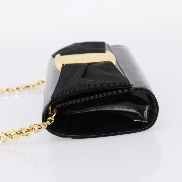 Salvatore Ferragamo Vala Chain Shoulder Bag Patent Black Gold Tone Auth 199006