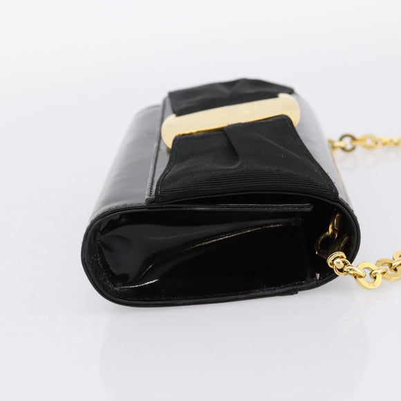 Salvatore Ferragamo Vala Chain Shoulder Bag Patent Black Gold Tone Auth 199006