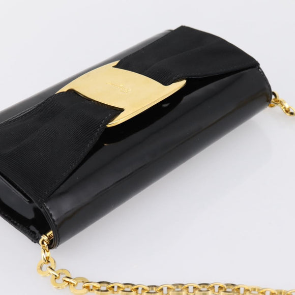 Salvatore Ferragamo Vala Chain Shoulder Bag Patent Black Gold Tone Auth 199006