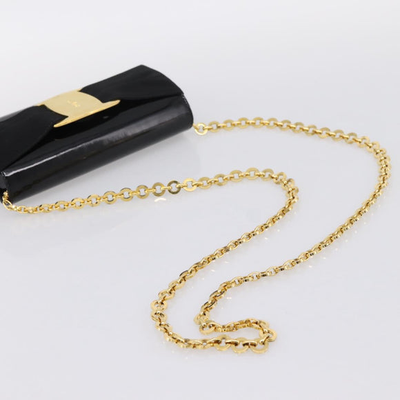Salvatore Ferragamo Vala Chain Shoulder Bag Patent Black Gold Tone Auth 199006