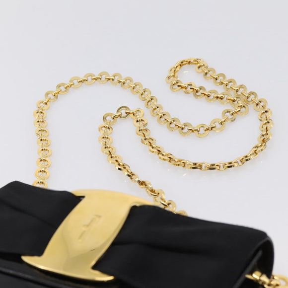 Salvatore Ferragamo Vala Chain Shoulder Bag Patent Black Gold Tone Auth 199006