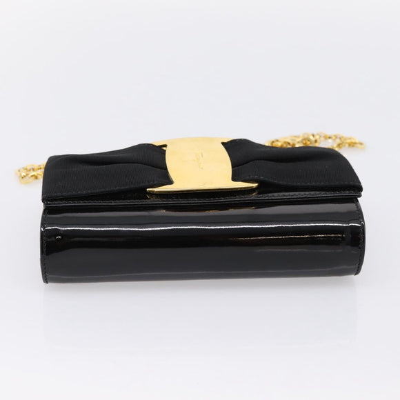 Salvatore Ferragamo Vala Chain Shoulder Bag Patent Black Gold Tone Auth 199006