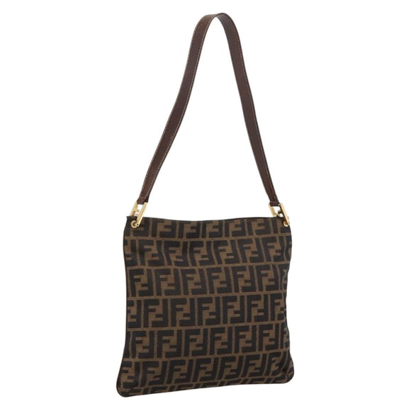 FENDI Zucca Canvas Shoulder Bag Brown Gold Tone Auth 199011