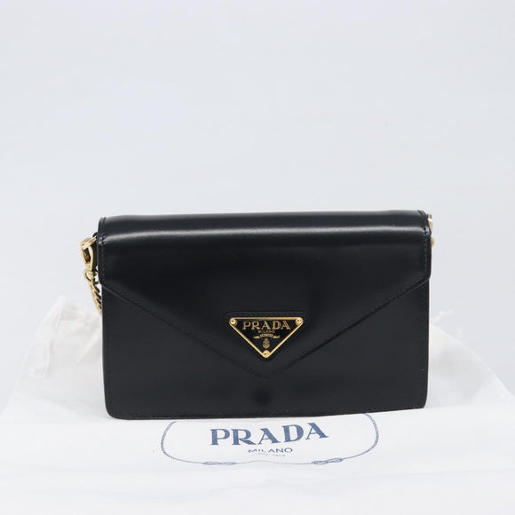 PRADA Chain Shoulder Bag Leather Black Gold Auth 199037SAM
