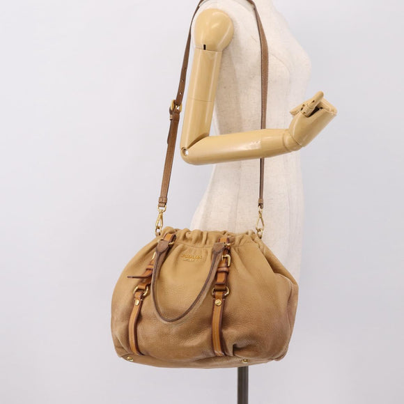 PRADA Hand Bag Leather 2way Beige Gold Auth 199056