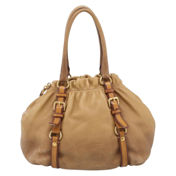 PRADA Hand Bag Leather 2way Beige Gold Auth 199056