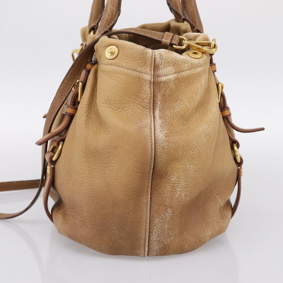 PRADA Hand Bag Leather 2way Beige Gold Auth 199056
