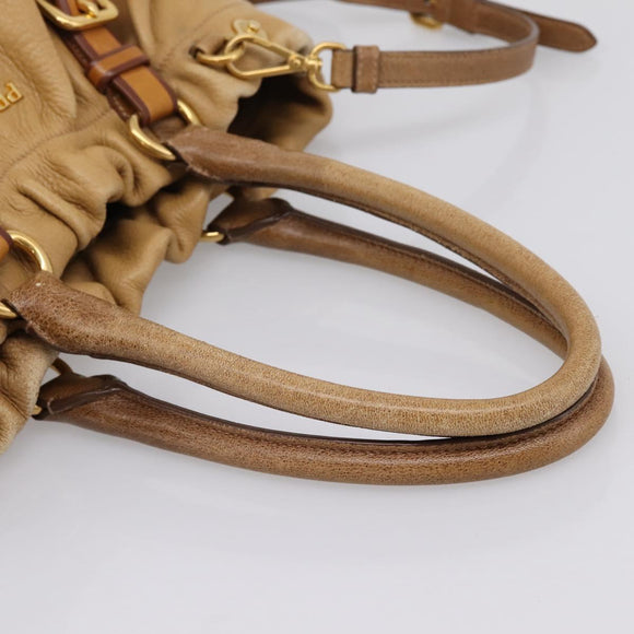 PRADA Hand Bag Leather 2way Beige Gold Auth 199056