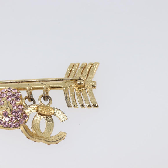 CHANEL COCO Mark Heart Brooch Metal Gold Tone Pink CC Auth 199074M