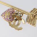 CHANEL COCO Mark Heart Brooch Metal Gold Tone Pink CC Auth 199074M-11