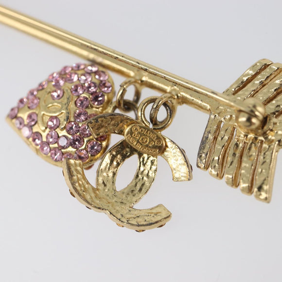 CHANEL COCO Mark Heart Brooch Metal Gold Tone Pink CC Auth 199074M