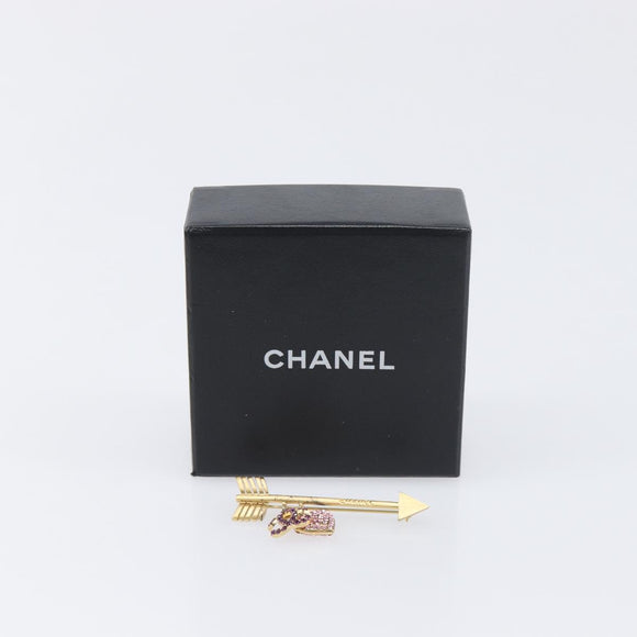 CHANEL COCO Mark Heart Brooch Metal Gold Tone Pink CC Auth 199074M