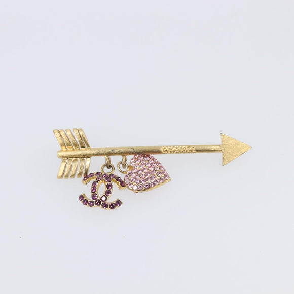 CHANEL COCO Mark Heart Brooch Metal Gold Tone Pink CC Auth 199074M