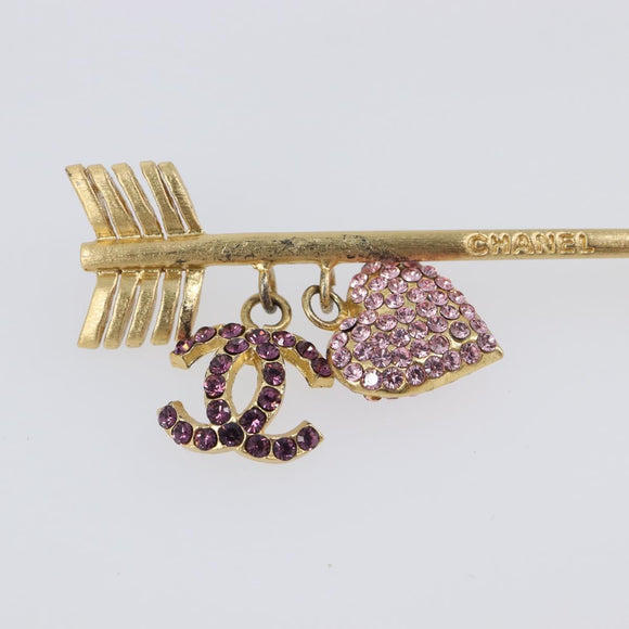 CHANEL COCO Mark Heart Brooch Metal Gold Tone Pink CC Auth 199074M