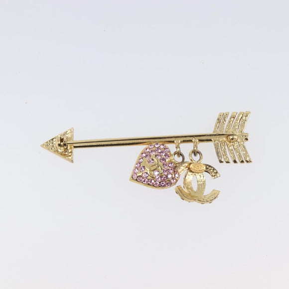 CHANEL COCO Mark Heart Brooch Metal Gold Tone Pink CC Auth 199074M