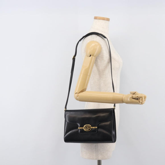 GUCCI Shoulder Bag Leather Black Gold Auth 199099