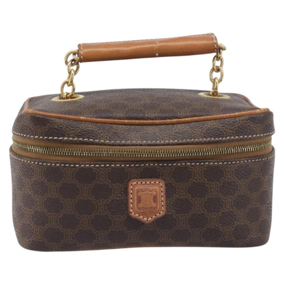 CELINE Macadam Canvas Chain Hand Vanity Bag PVC Leather Brown Gold Auth 199112A