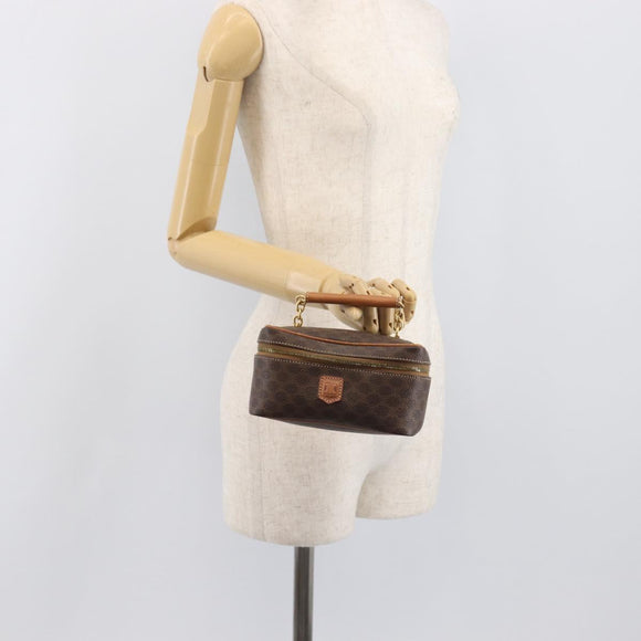 CELINE Macadam Canvas Chain Hand Vanity Bag PVC Leather Brown Gold Auth 199112A