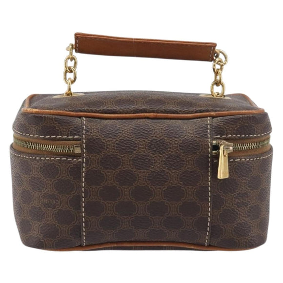 CELINE Macadam Canvas Chain Hand Vanity Bag PVC Leather Brown Gold Auth 199112A
