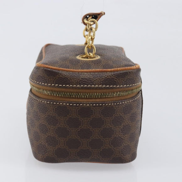 CELINE Macadam Canvas Chain Hand Vanity Bag PVC Leather Brown Gold Auth 199112A