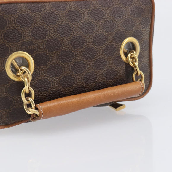 CELINE Macadam Canvas Chain Hand Vanity Bag PVC Leather Brown Gold Auth 199112A