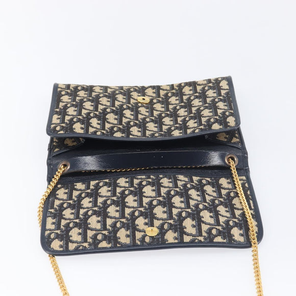 Christian Dior Trotter Canvas Chain Shoulder Bag Navy Gold Auth 199115