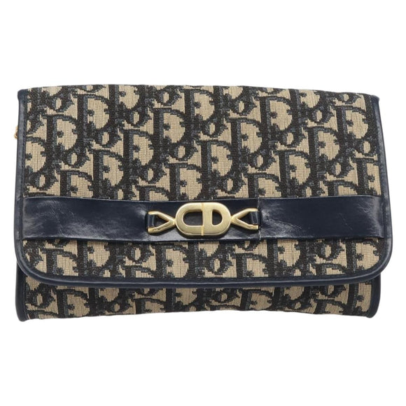 Christian Dior Trotter Canvas Chain Shoulder Bag Navy Gold Auth 199115