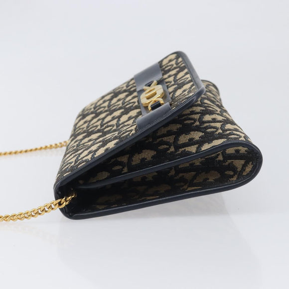 Christian Dior Trotter Canvas Chain Shoulder Bag Navy Gold Auth 199115