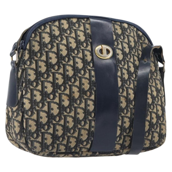Christian Dior Trotter Canvas Shoulder Bag Navy Gold Auth 199128